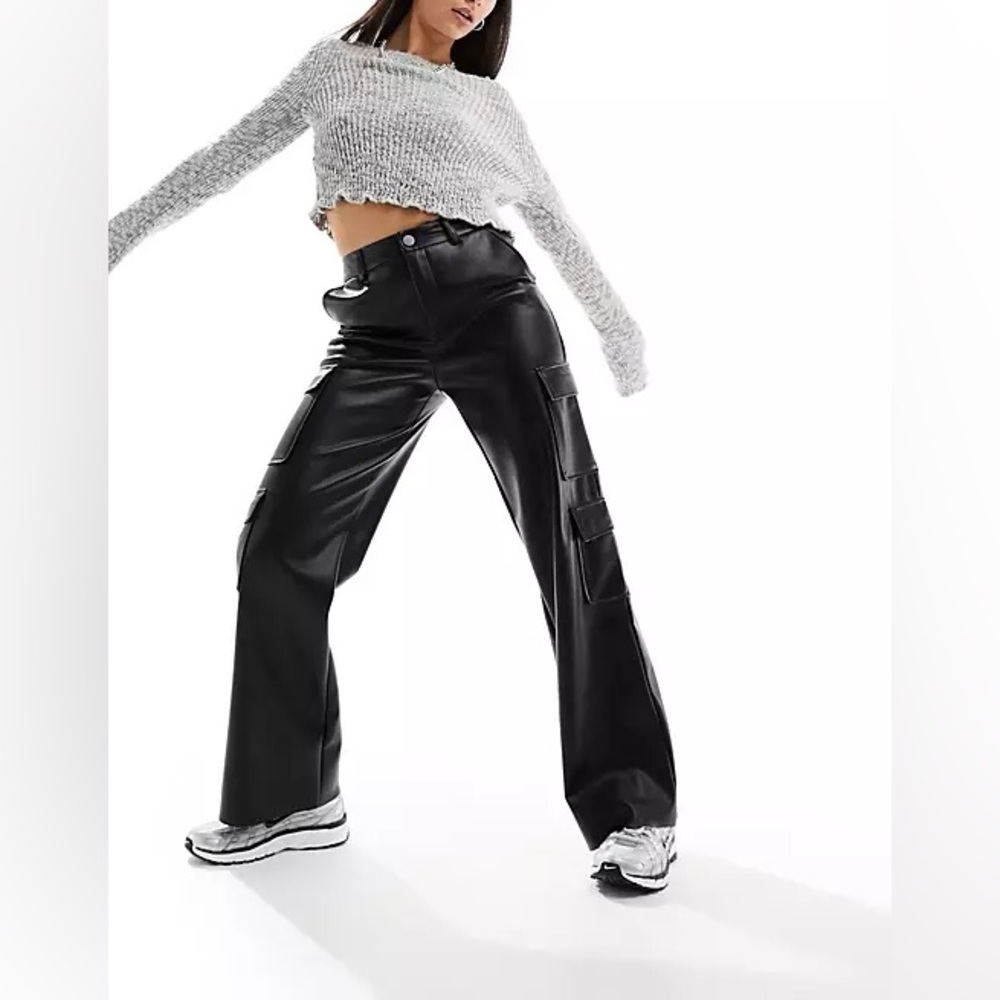Stradivarius faux leather cargo pants in black